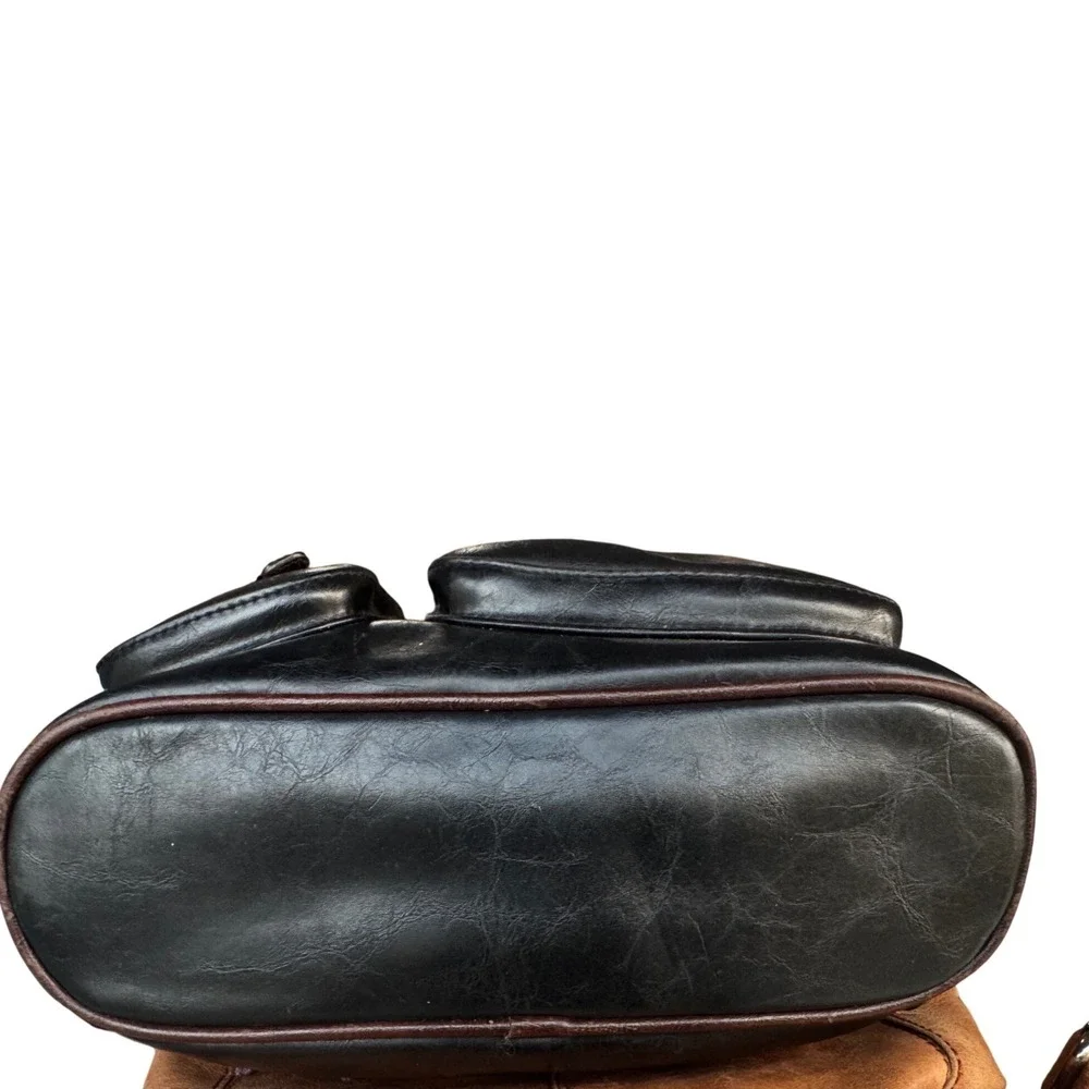 Vintage Black Brown Leather Multi Pocket Shoulder Bag Tote